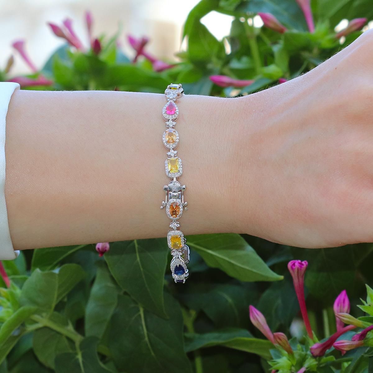 Damla Çiçek Renkli Zirkon Taşlı Gümüş Bileklik