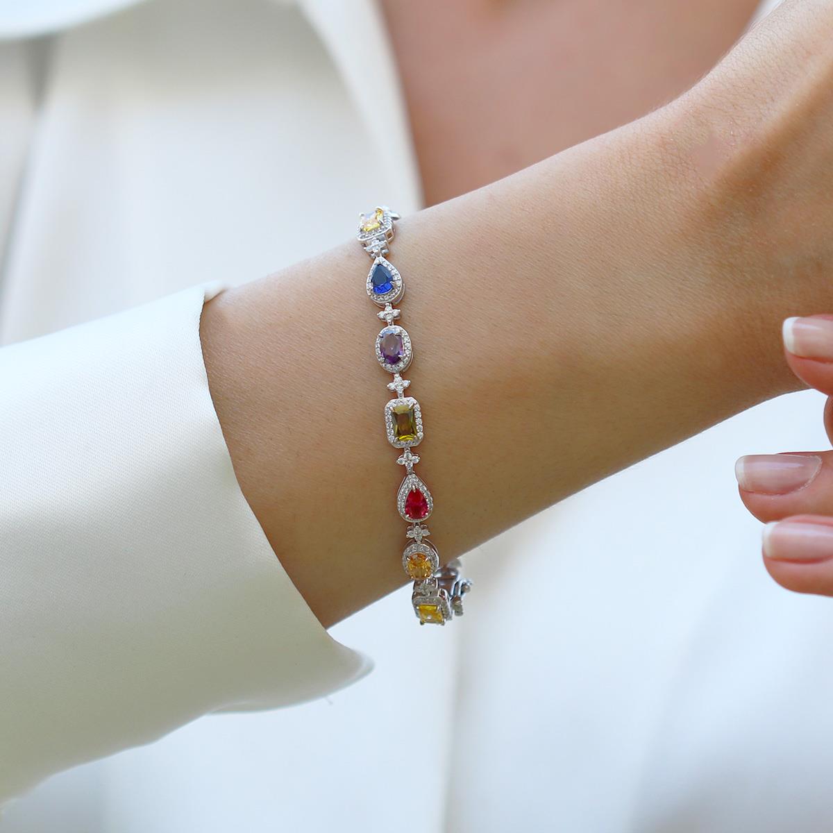 Damla Çiçek Renkli Zirkon Taşlı Gümüş Bileklik