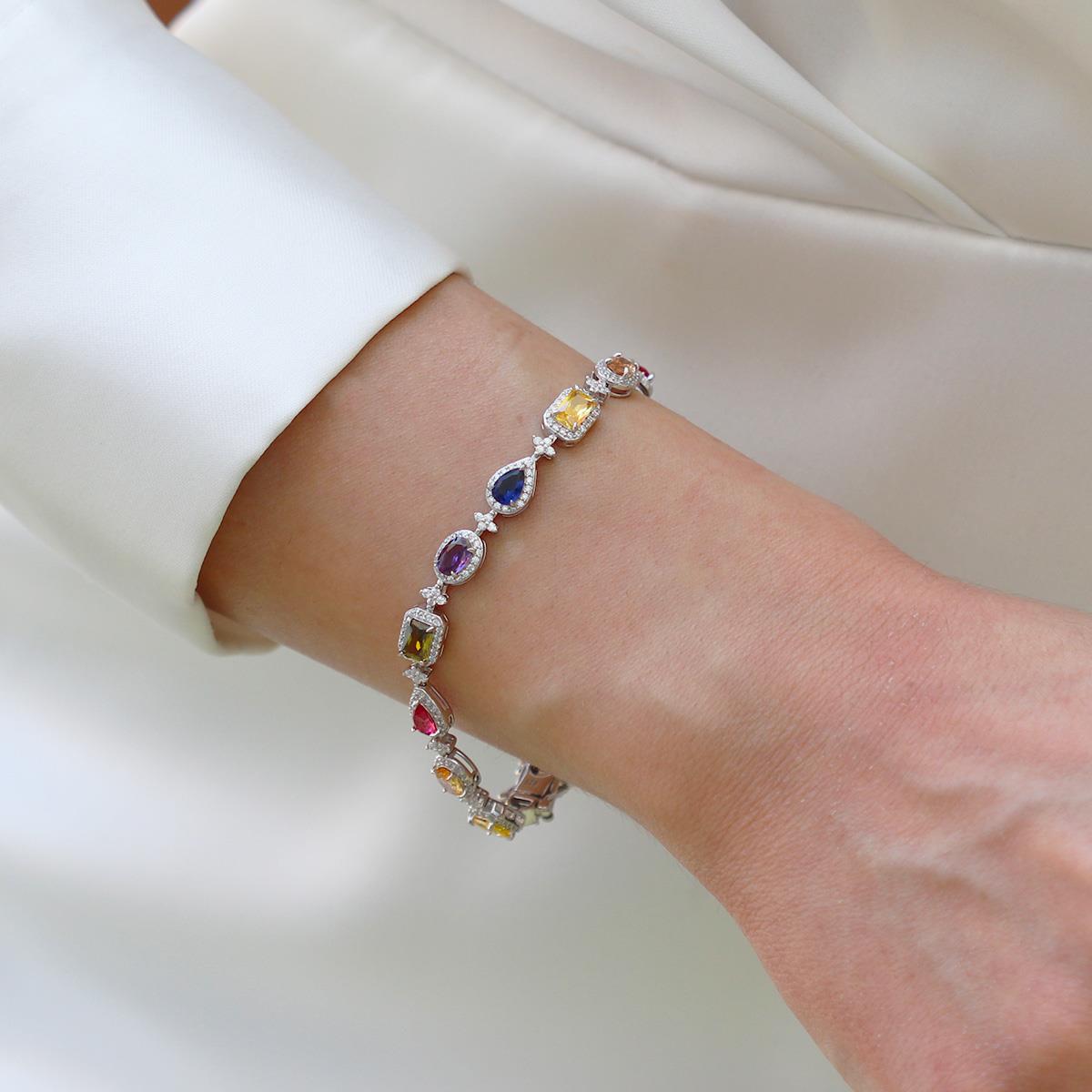 Damla Çiçek Renkli Zirkon Taşlı Gümüş Bileklik