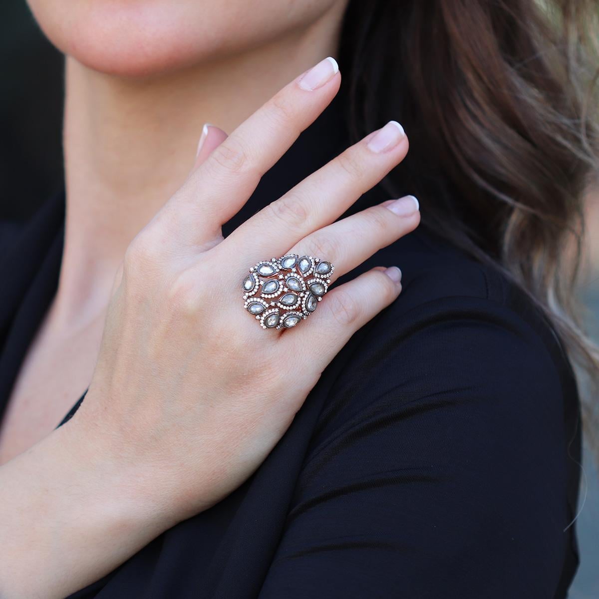 Damla Elmas Montür Modeli Rose Gold Gümüş Yüzük