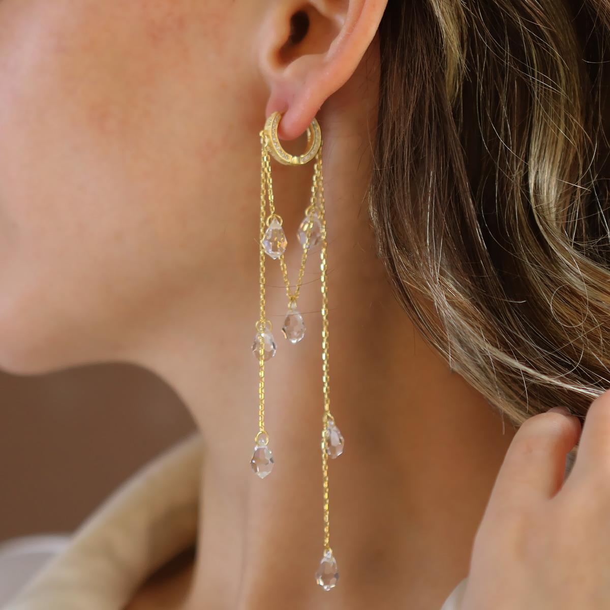 Damla Sallantılı Kristal Gold Gümüş Küpe