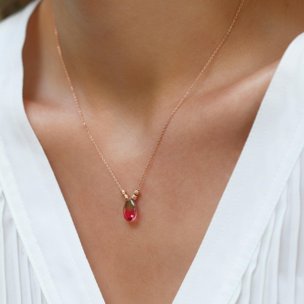 Doğaltaşlı Damla Rose Gold Gümüş Kolye