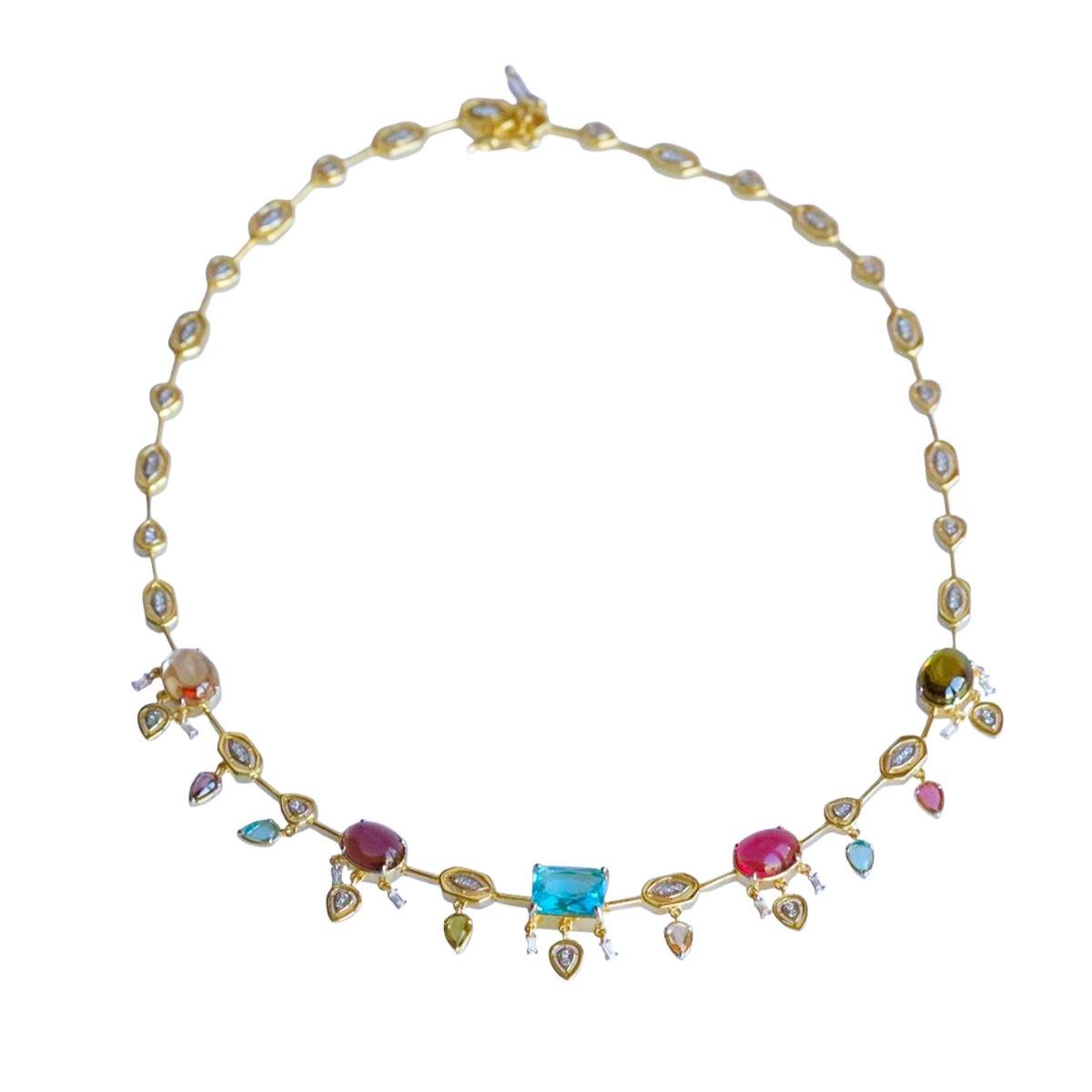 Doğaltaşlı Renkli Trend Gold Gümüş Kolye