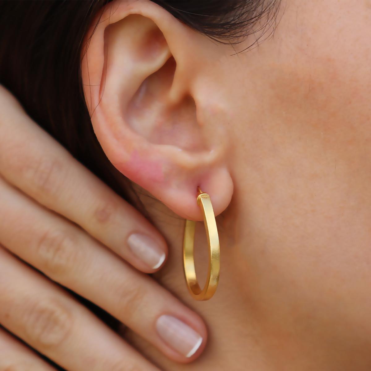 Elips Mat Gold Gümüş Halka Küpe