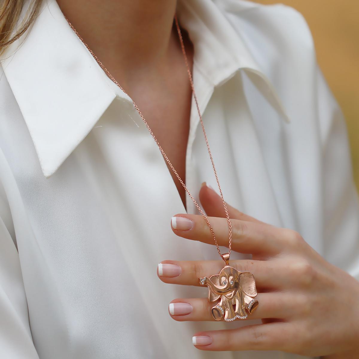 Fil Figürlü Rose Gold Gümüş Kolye