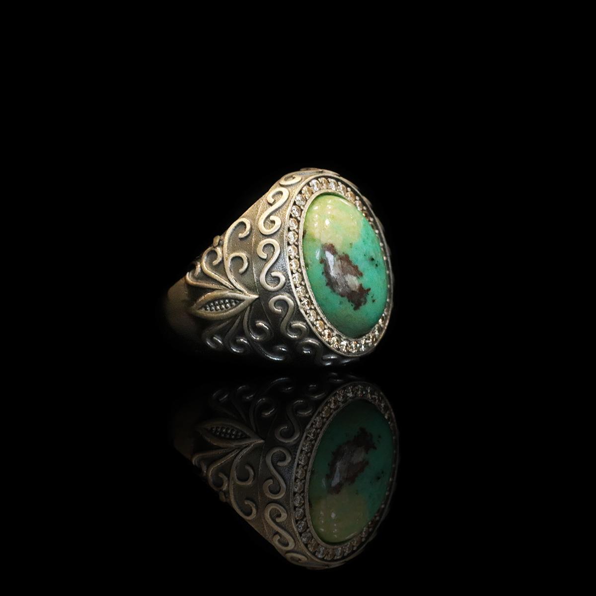 Firüze Taşlı İşlemeli Oksitli Gümüş Erkek Yüzük