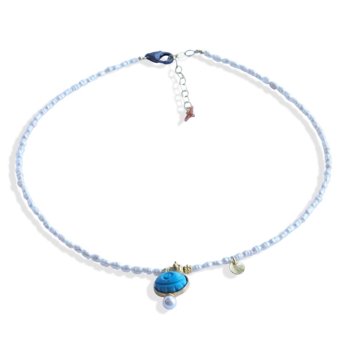 Göz Turkuaz İncili Gold Doğaltaşlı Gümüş Kolye