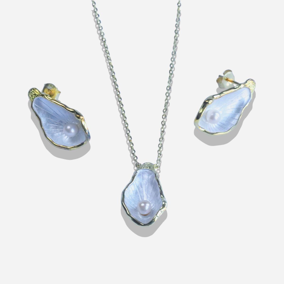 İstiridye İncili Damla Gold Gümüş Set