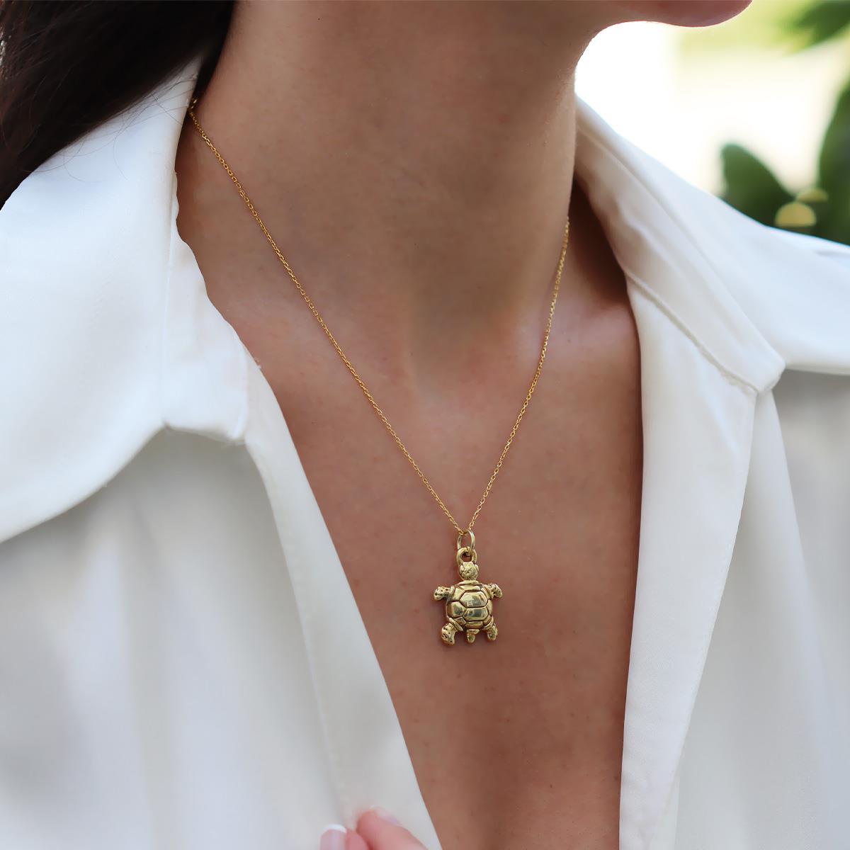 Kaplumbağa Bombeli Gold Gümüş Kolye