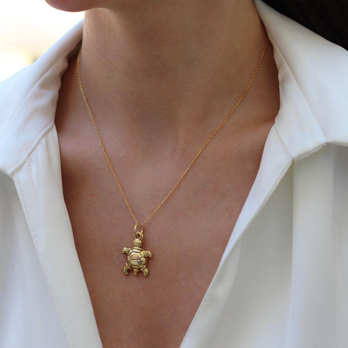 Kaplumbağa Bombeli Gold Gümüş Kolye