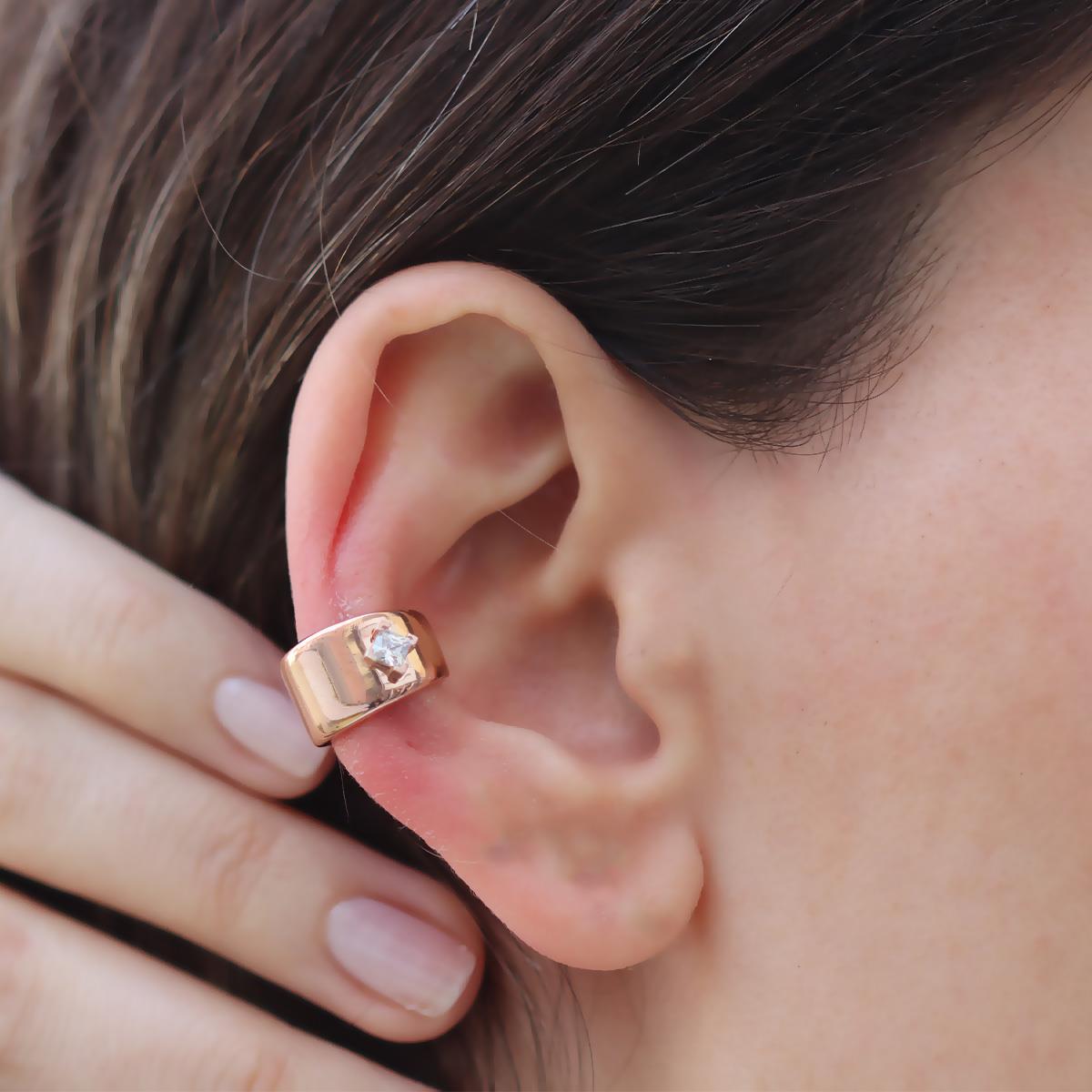 Kare Taşlı Rose Gold Gümüş Cuff Küpe