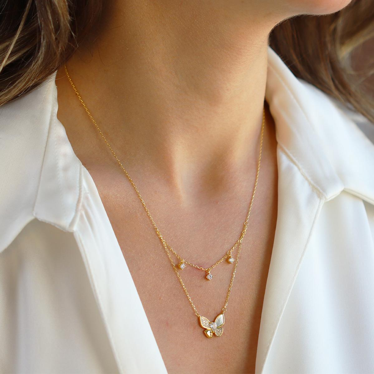 Kelebek İkili Zirkon Taşlı Gümüş Kolye