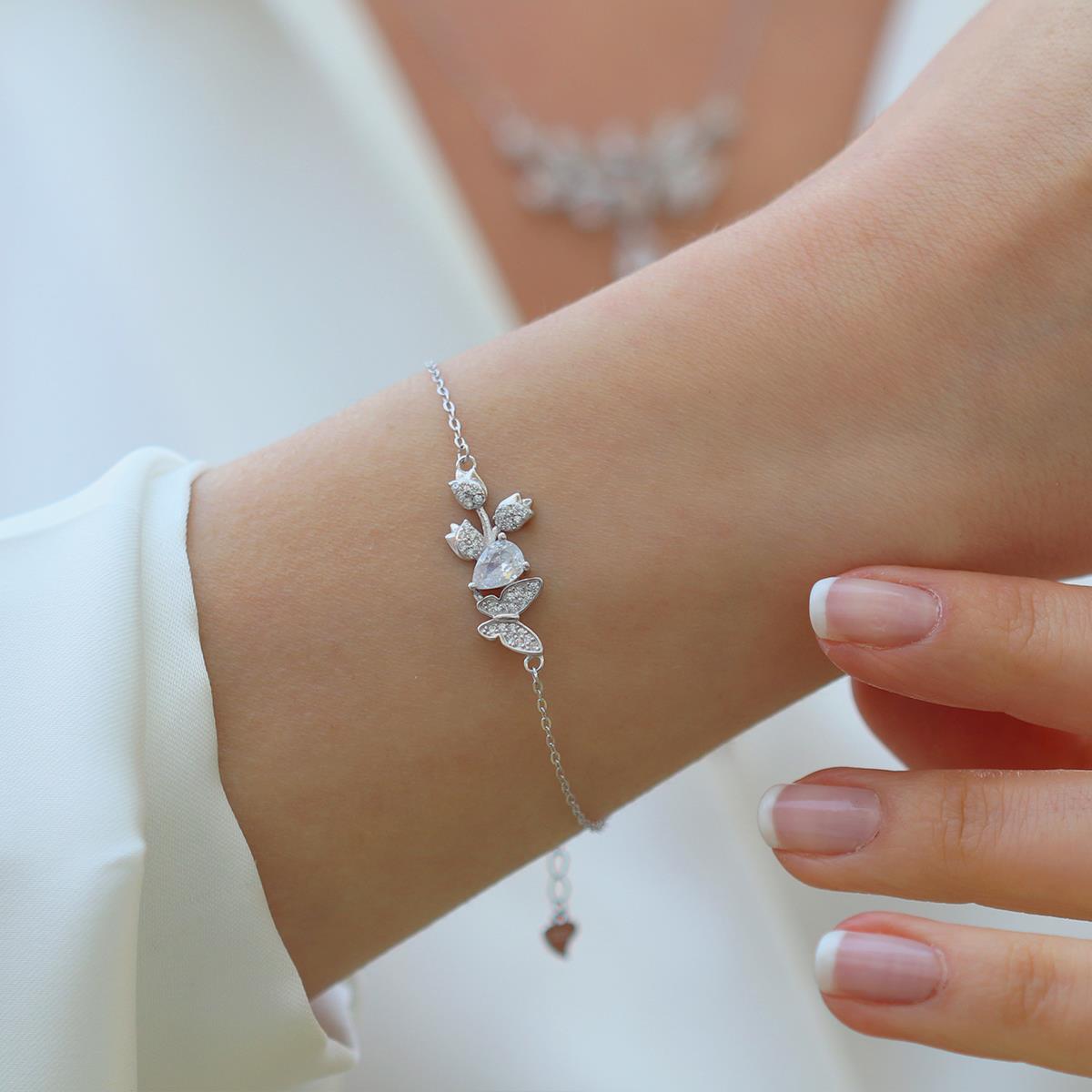 Kelebek Zarif Damla Zirkon Taşlı Gümüş Set 