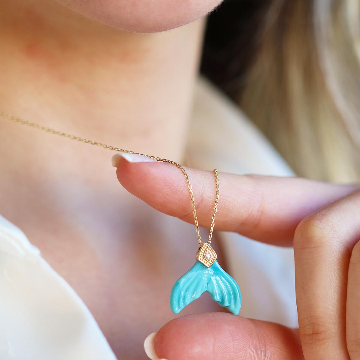 Kuyruk Turkuaz Taşlı Gold Gümüş Kolye