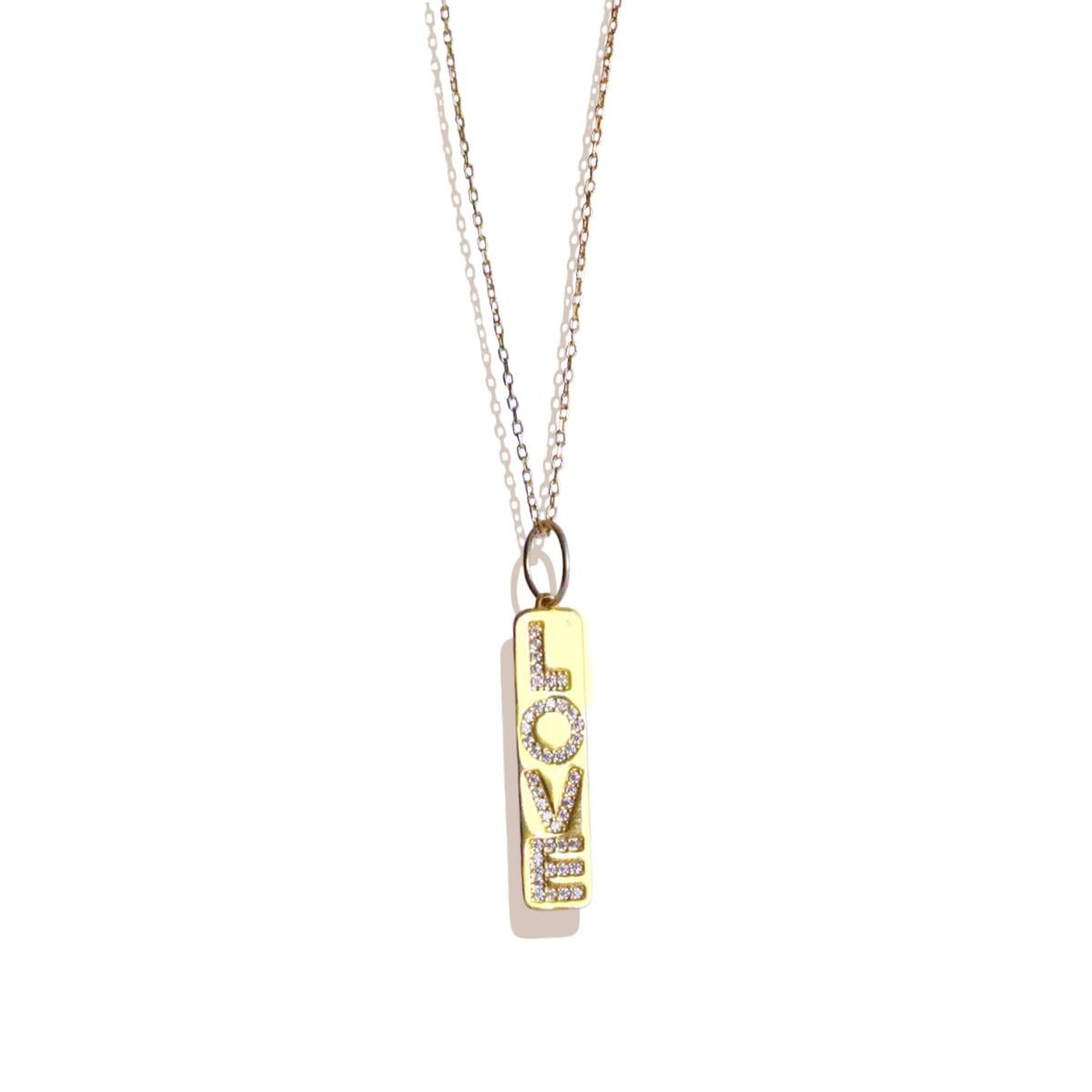 Love Taşlı Plaka Gold Gümüş Kolye