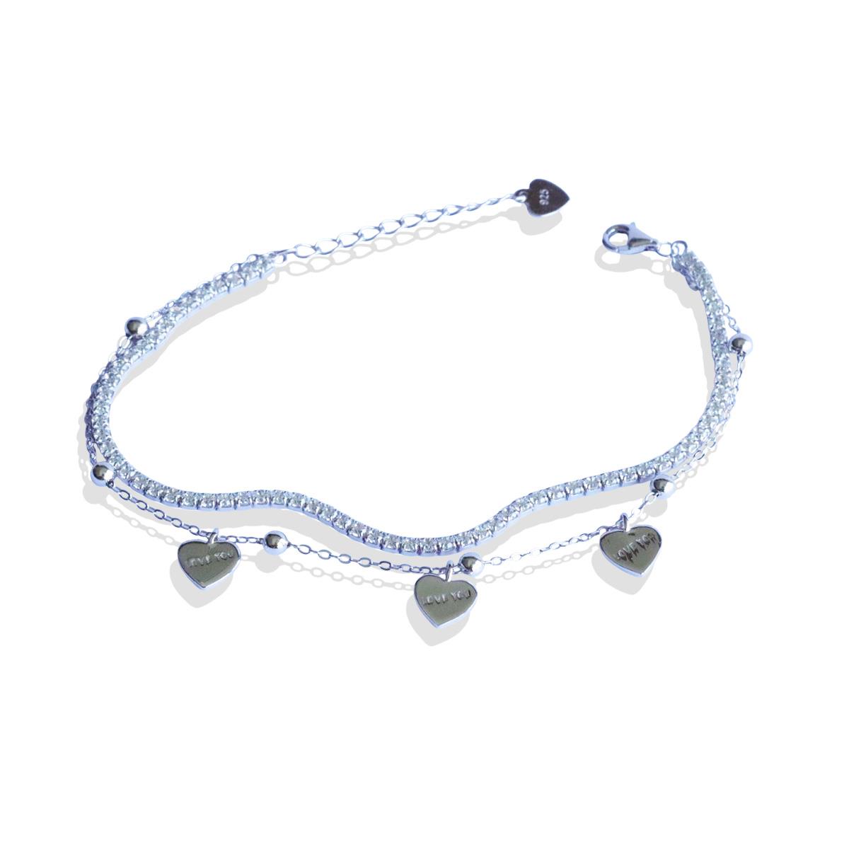 Love Üçlü Kalpli Zirkon Taşlı Gümüş Bileklik