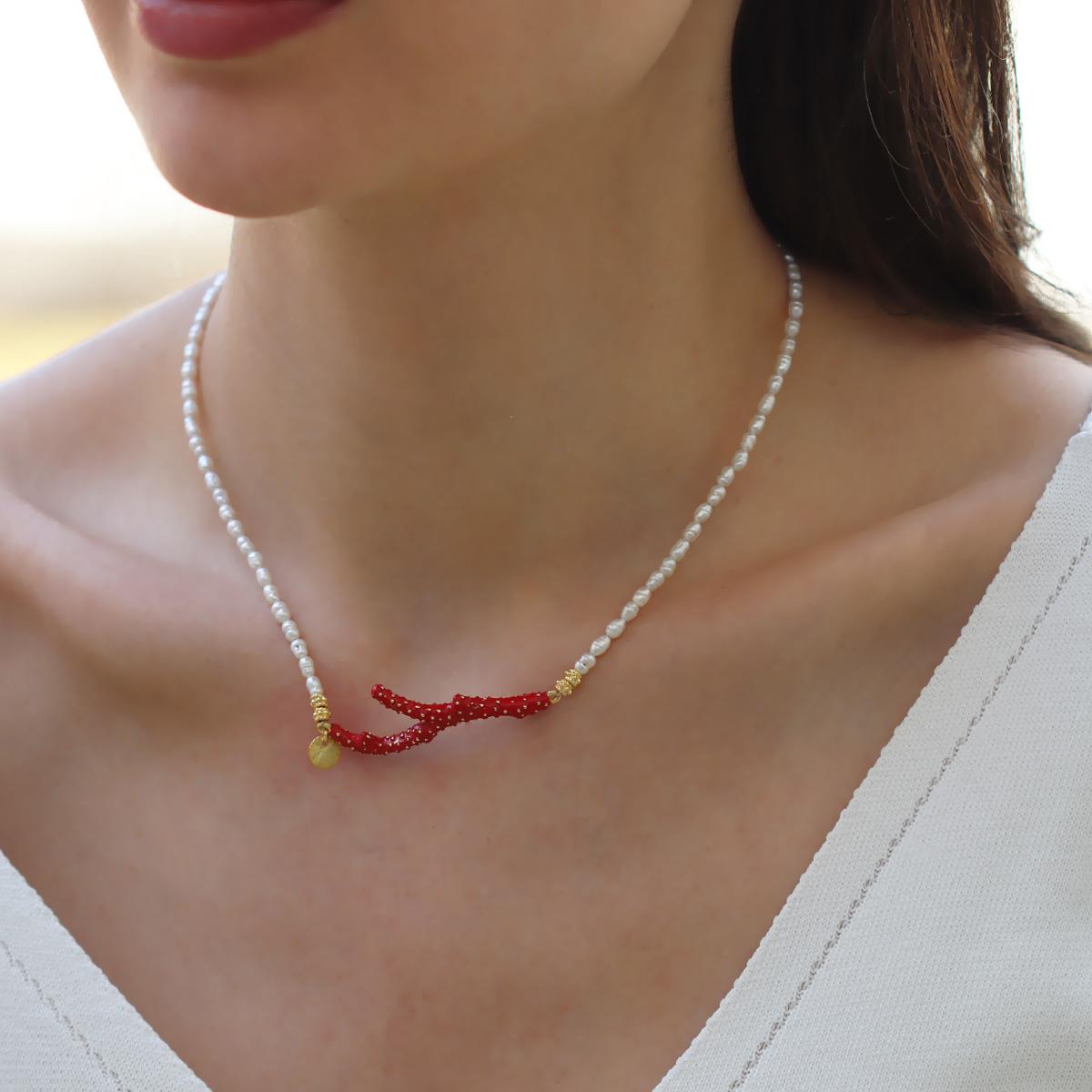 Mercan İncili Gold Doğaltaşlı Gümüş Kolye