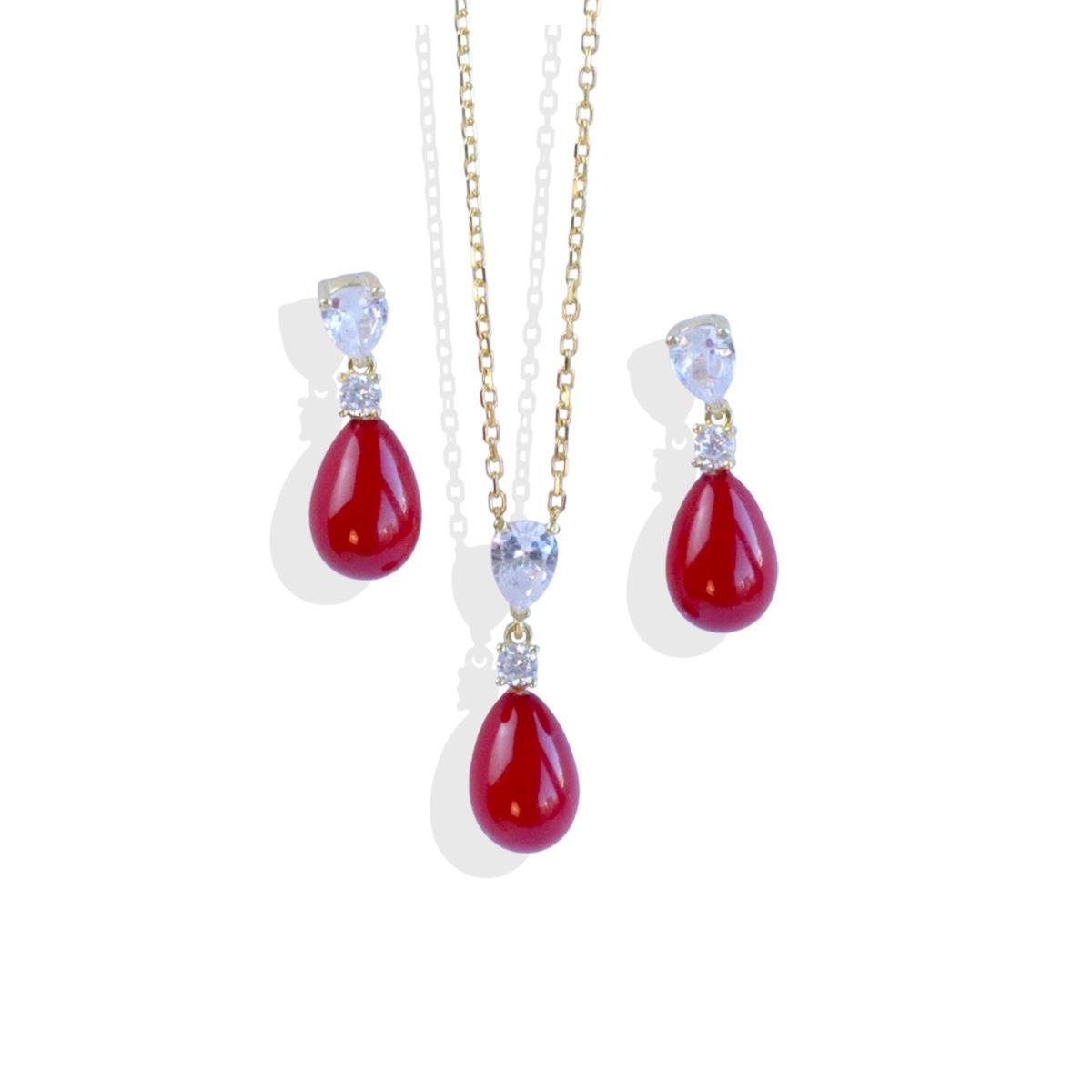 Mercan Taşlı Damla Gold Gümüş Set 