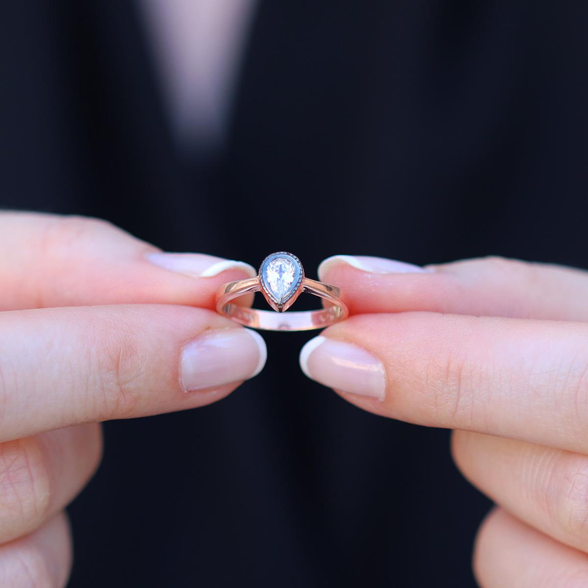 Mini Damla Elmas Montür Rose Gold Gümüş Yüzük