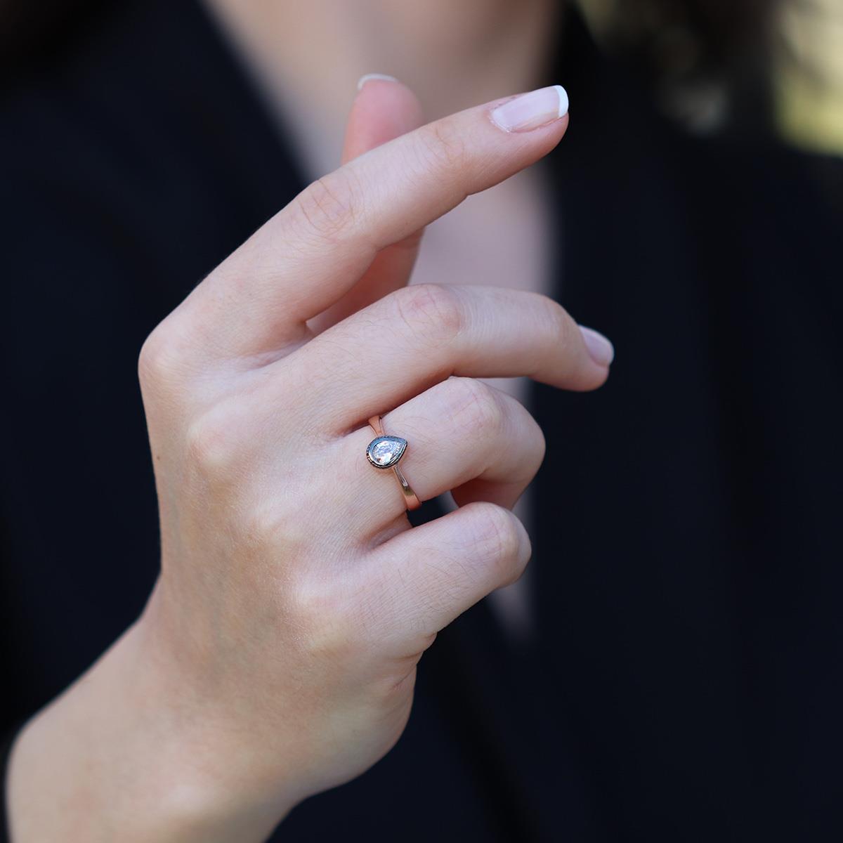 Mini Damla Elmas Montür Rose Gold Gümüş Yüzük