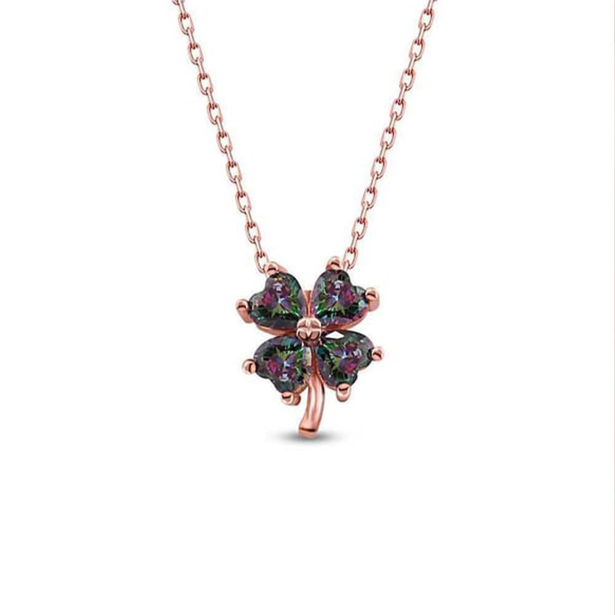 Mistik Topaz Taşlı Mini Yonca Figürlü Rose Gold Kaplama Gümüş Kolye