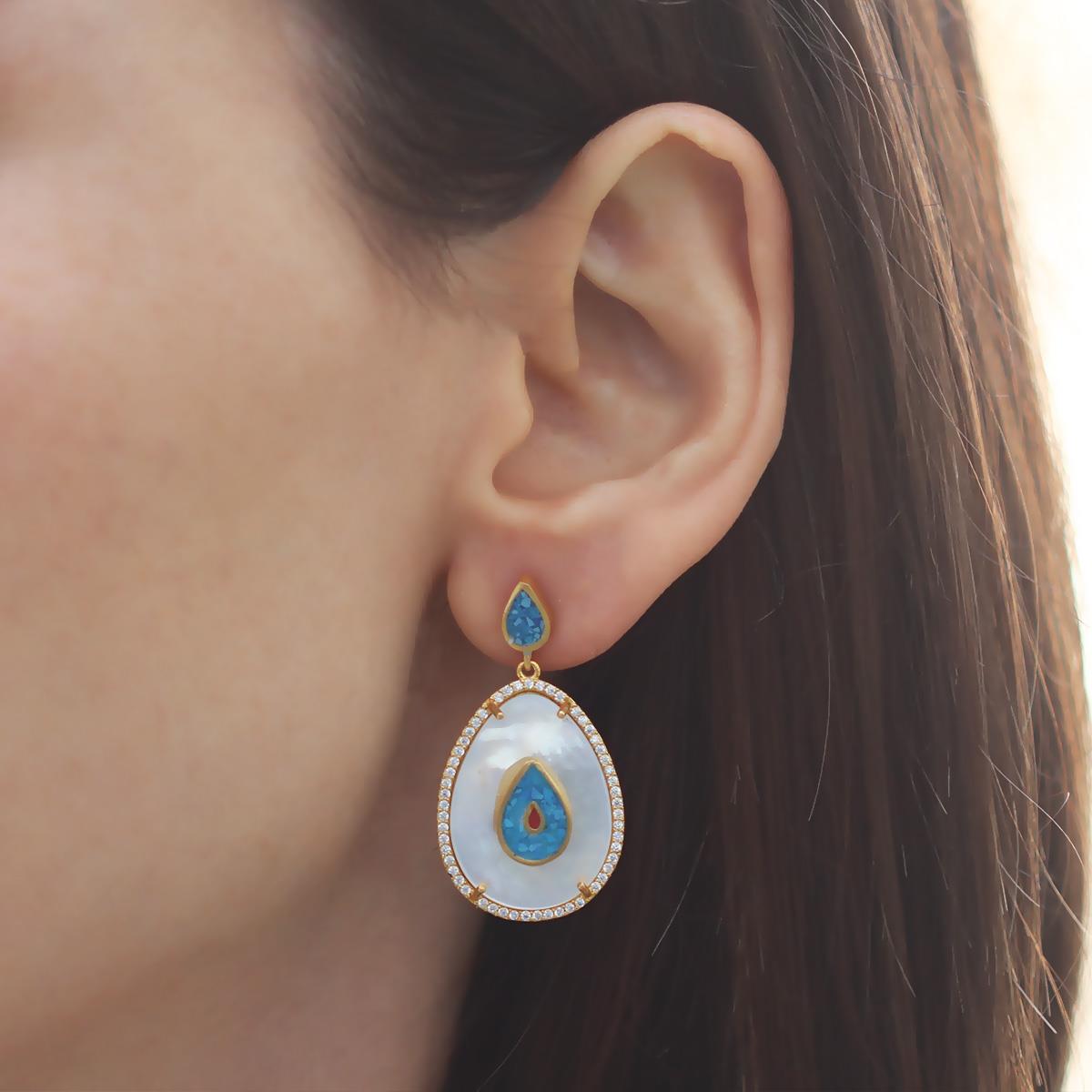 Opal Sedefli Gold Damla Gümüş Küpe