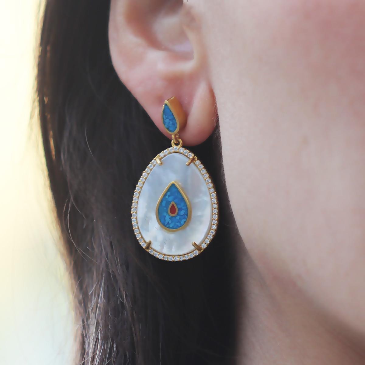 Opal Sedefli Gold Damla Gümüş Küpe