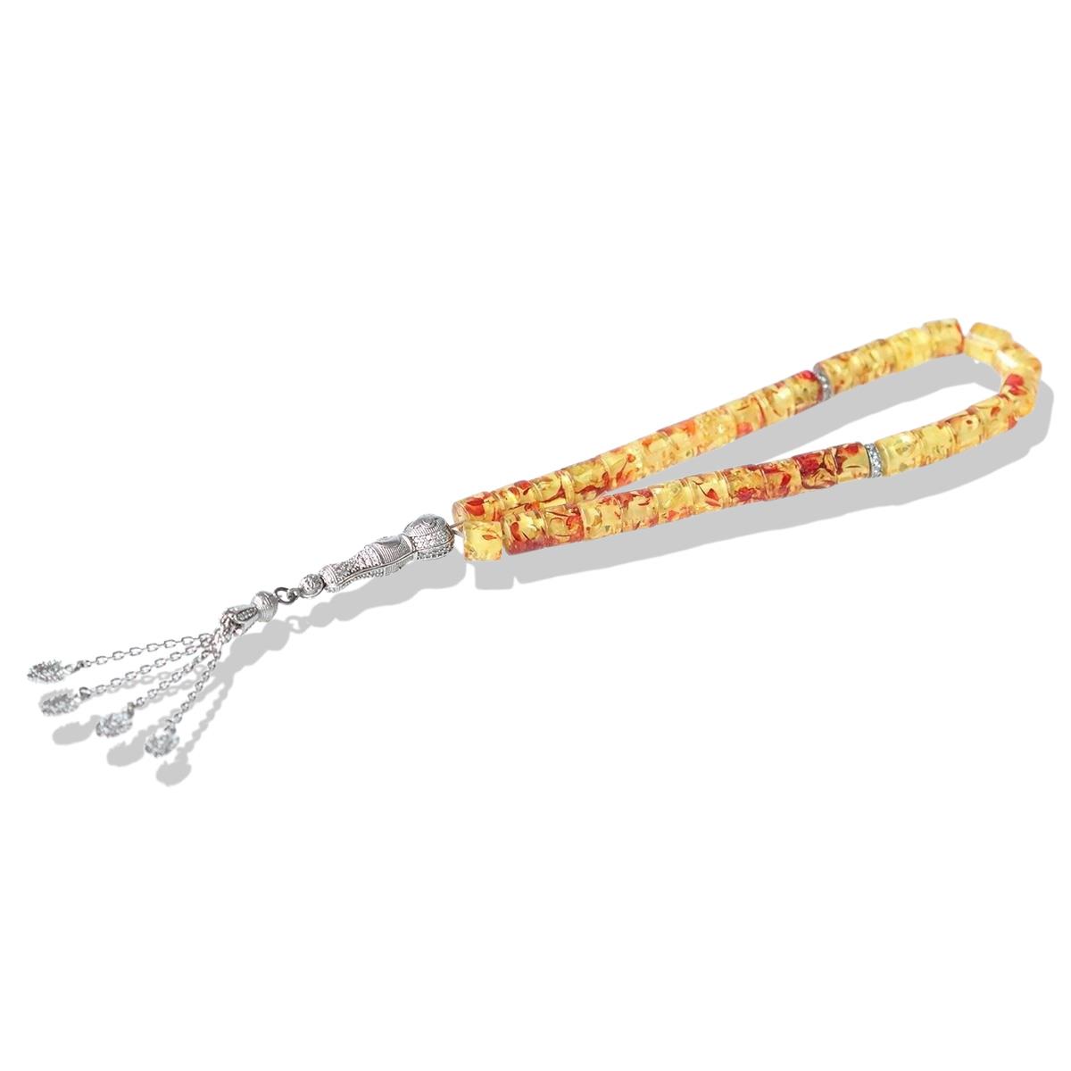 Osmanlı Armalı Gümüş Püsküllü Kapsül Kesim Kehribar Tesbih