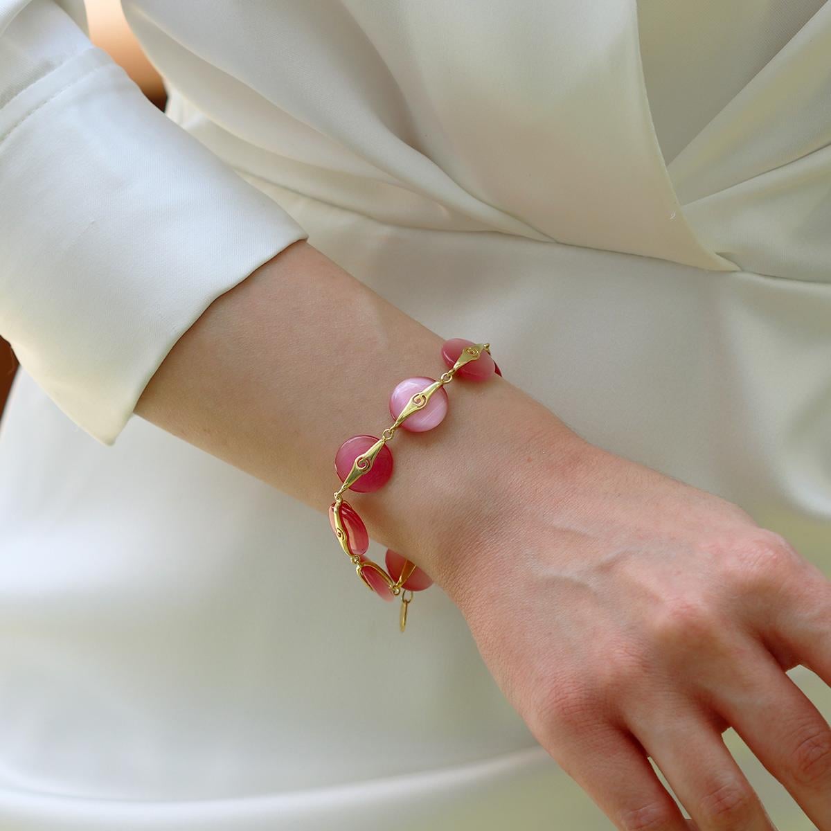 Pembe Kuvars Taşlı Gold Gümüş Bileklik