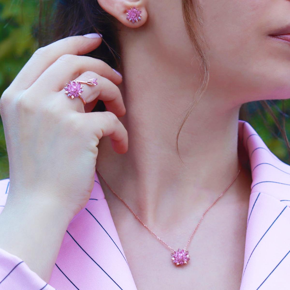 Pembe Kuvars Taşlı Lotus Çiçcekli Gümüş Set