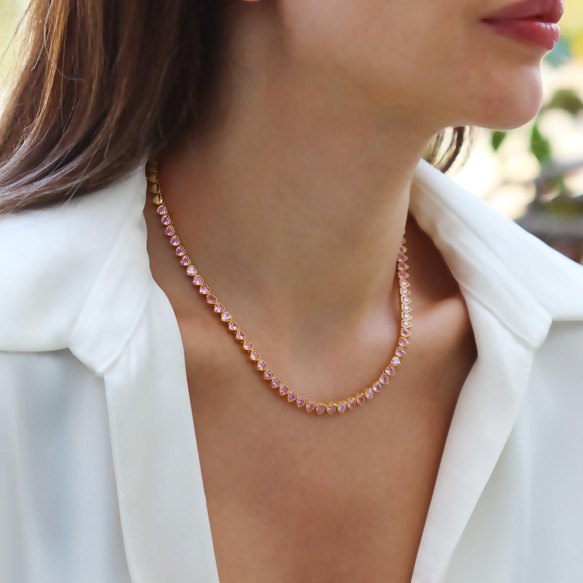 Pembe Taşlı Su Yolu Gold Gümüş Kolye