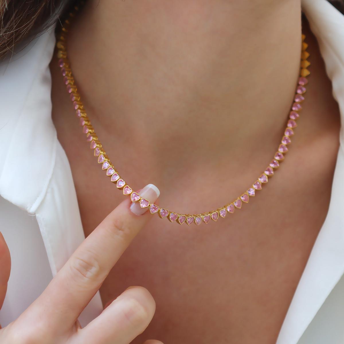 Pembe Taşlı Su Yolu Gold Gümüş Kolye