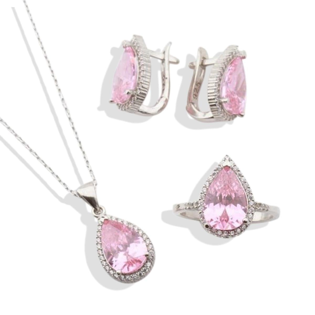 Pembe Zirkon Taşlı Damla Modeli Gümüş Takım