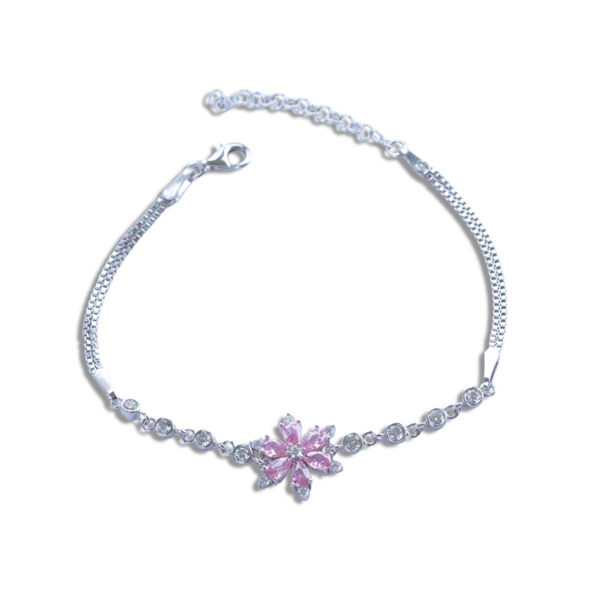 Pembe Zirkon Taşlı Lotus Çiçeği Gümüş Bileklik