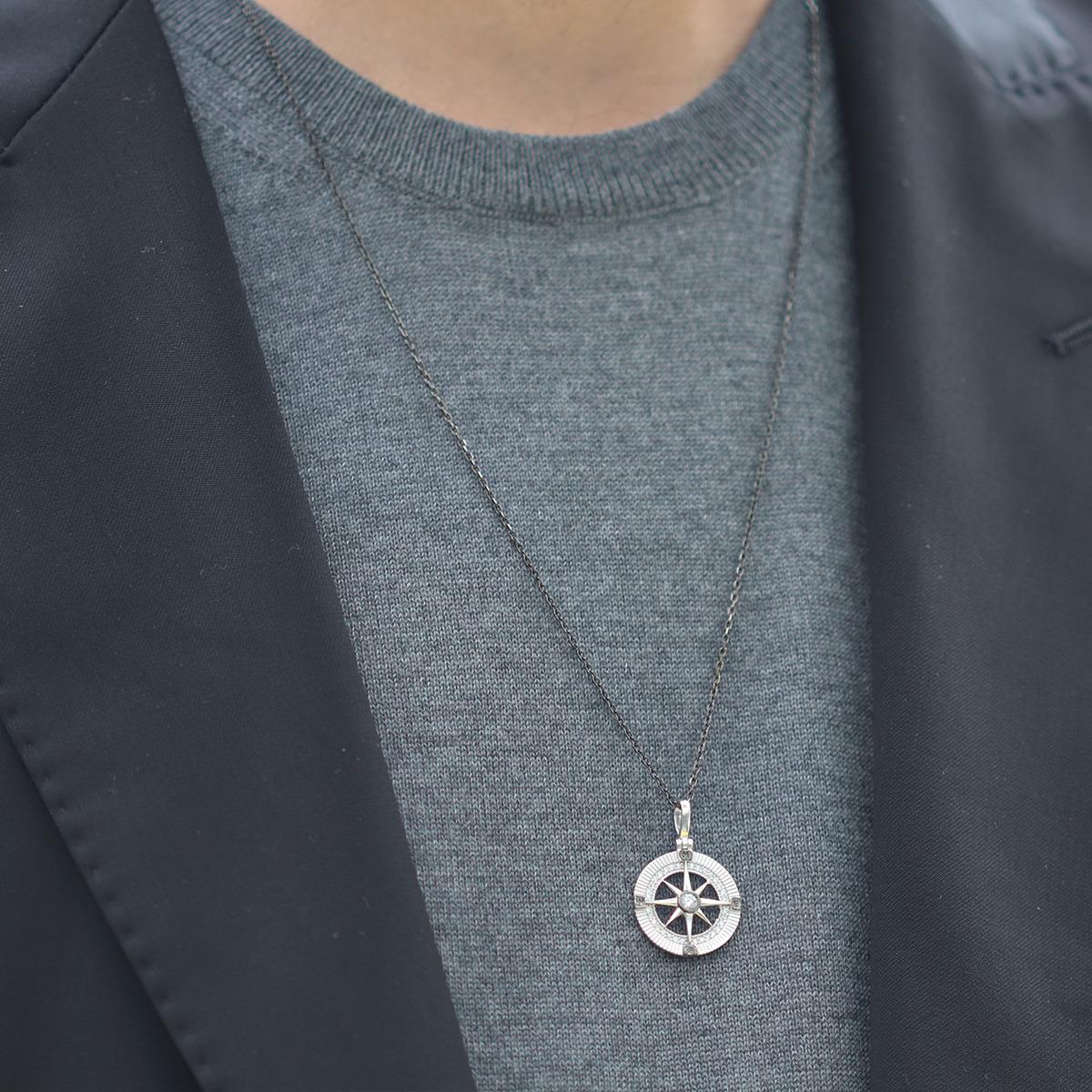 Pusula Gümüş Siyah Rodyum Gümüş Erkek Kolye