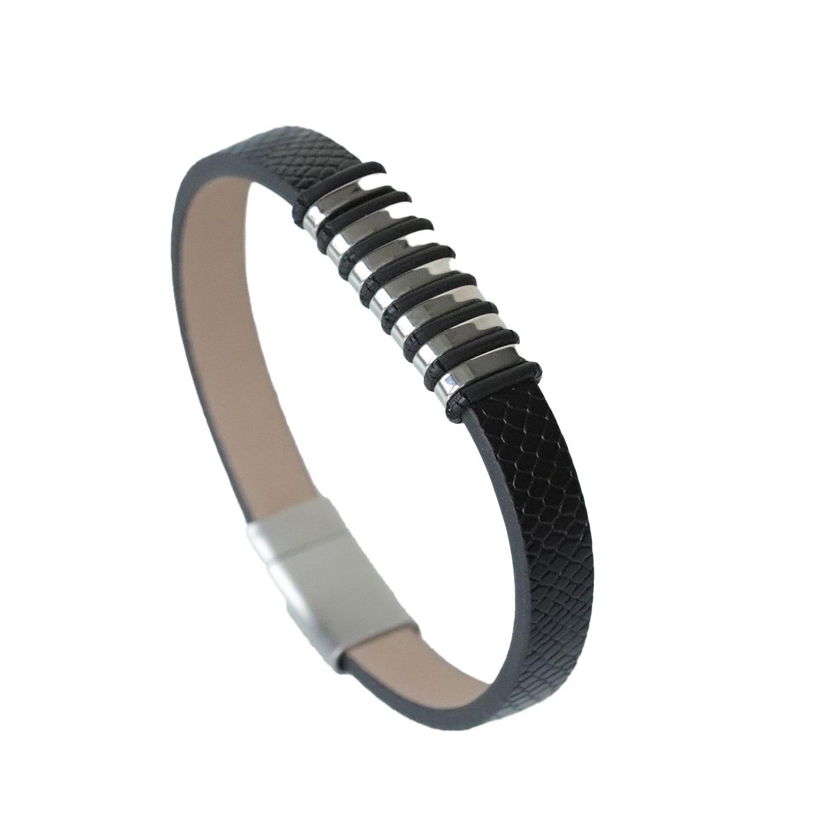 Siyah Crocodile Deri Çelik Bileklik