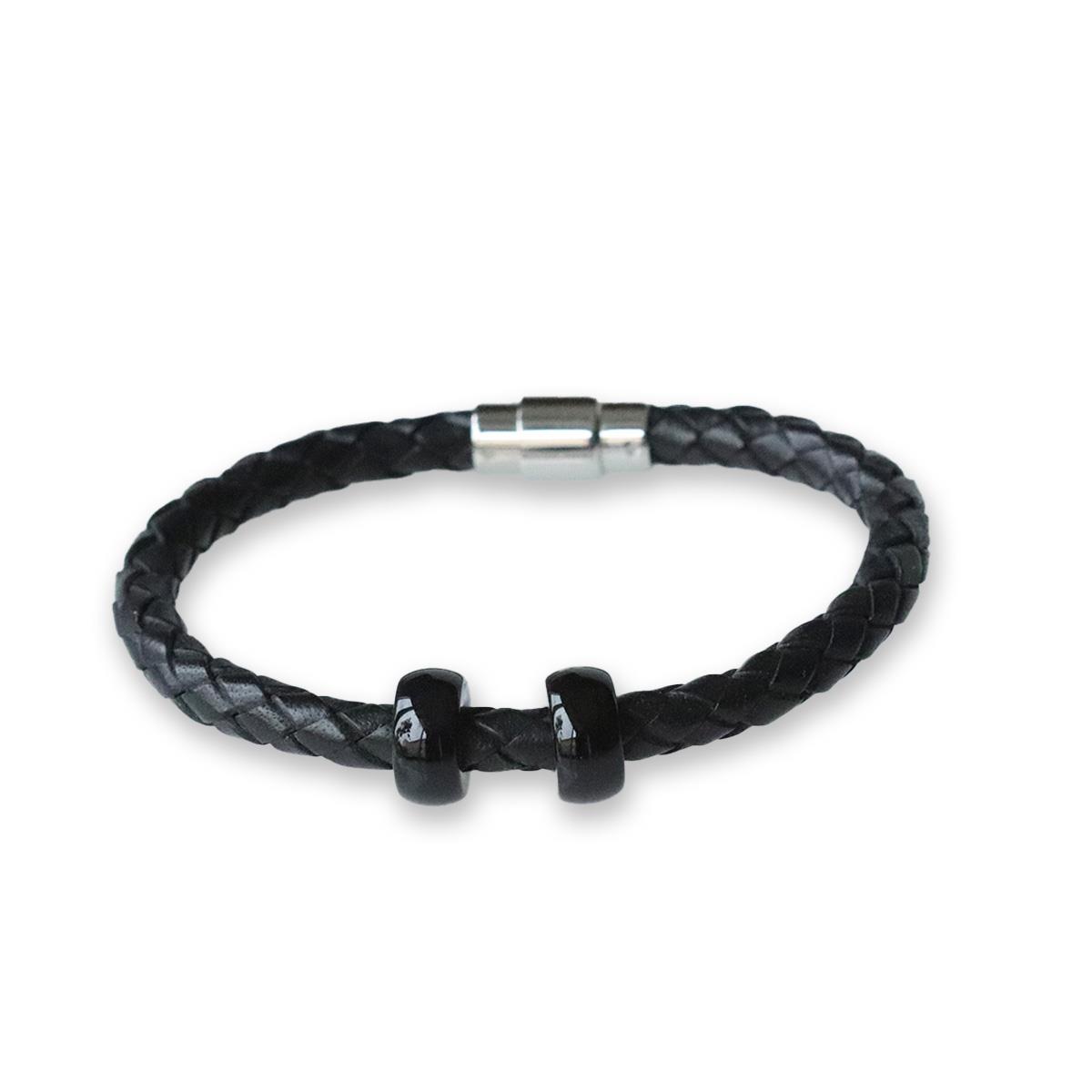 Siyah Halka Deri Çelik Bileklik