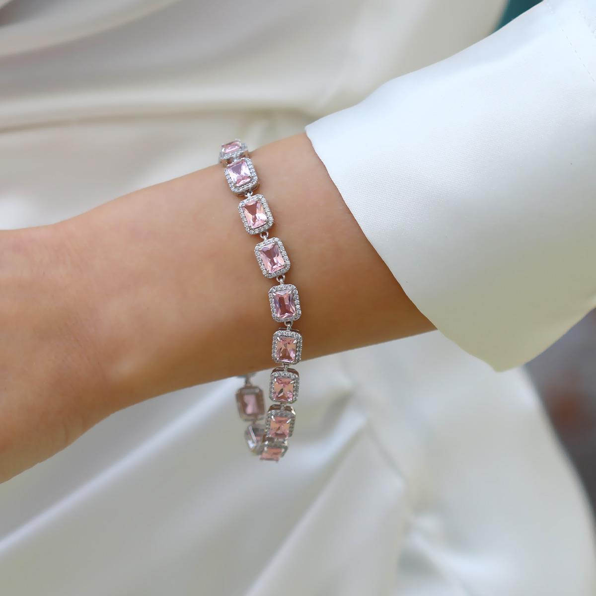 Sky Red Collection Baget Pembe Taşlı Gümüş Bileklik