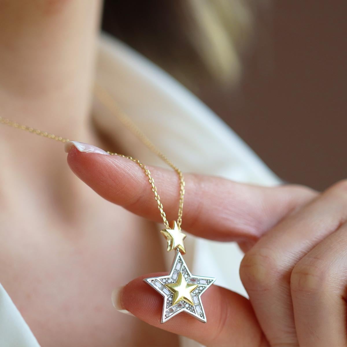 Stars Baget Taşlı Gold Gümüş Kolye