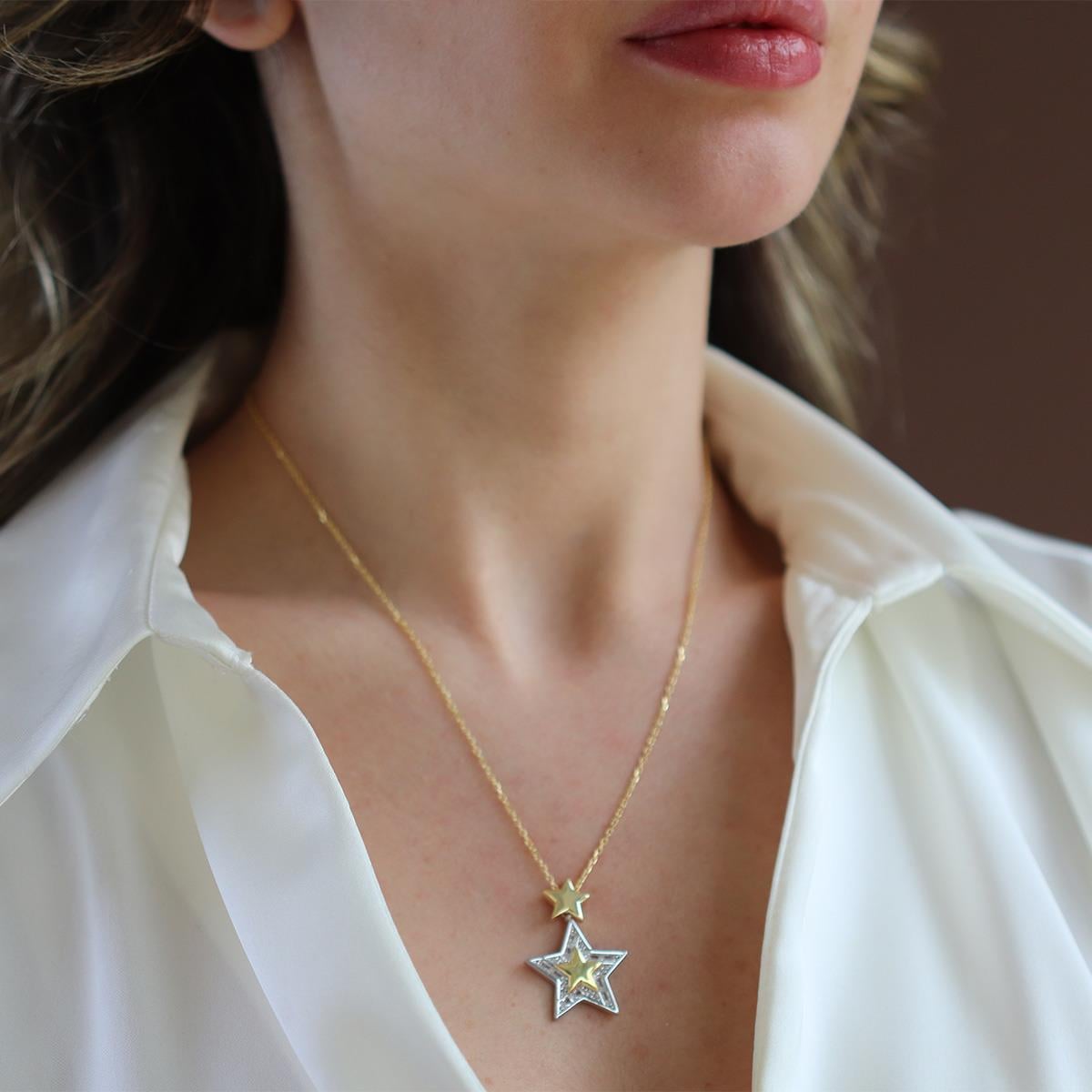 Stars Baget Taşlı Gold Gümüş Kolye