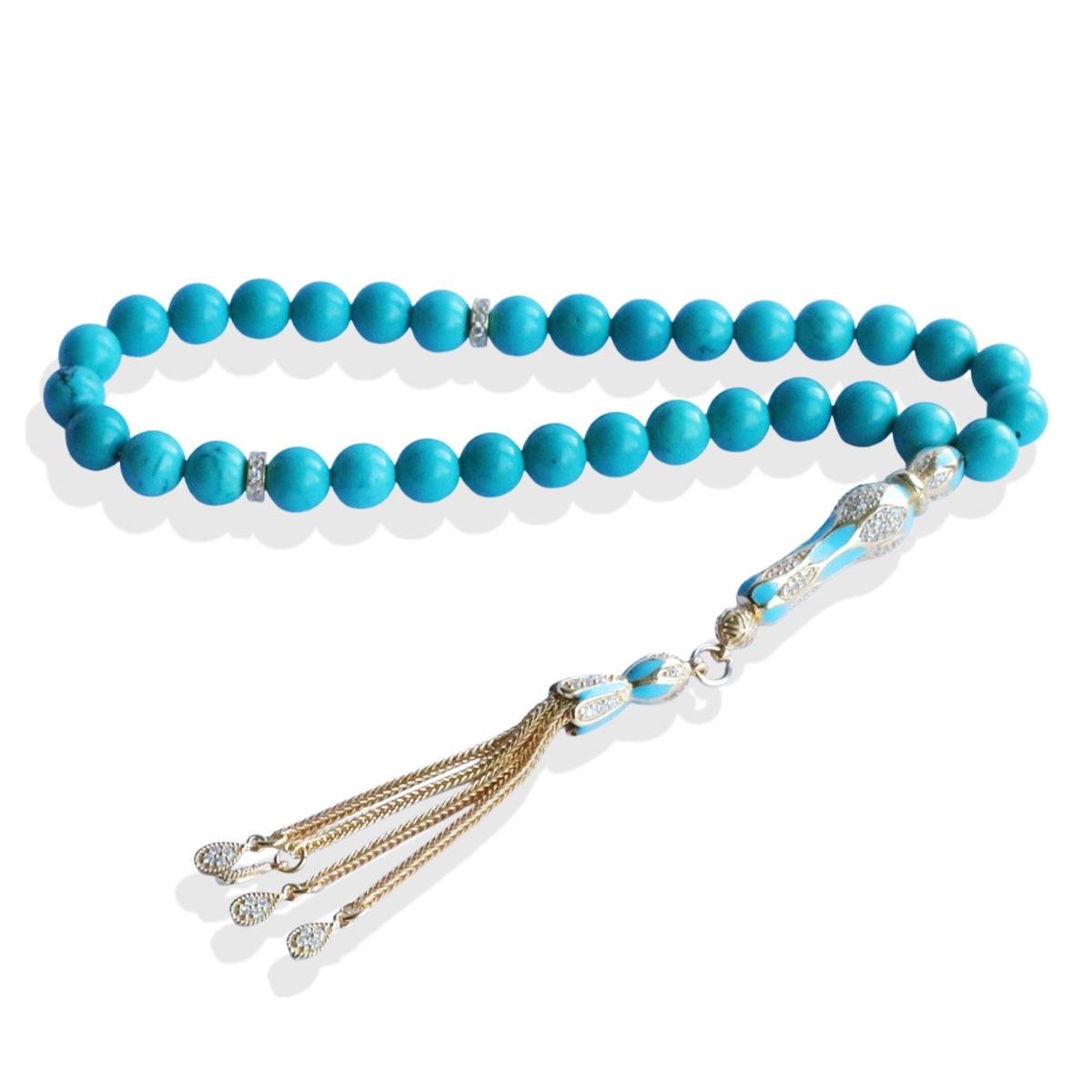 Turkuaz Doğaltaşlı Gold Gümüş Tesbih