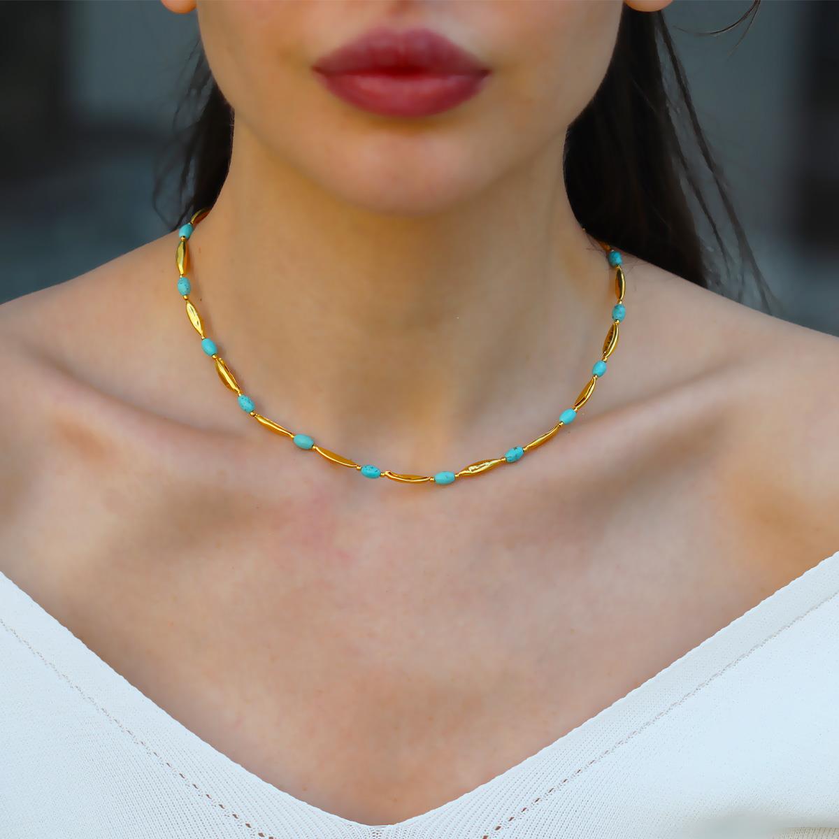 Turkuaz Taşlı Alaçatı Doğaltaş Gümüş Kolye