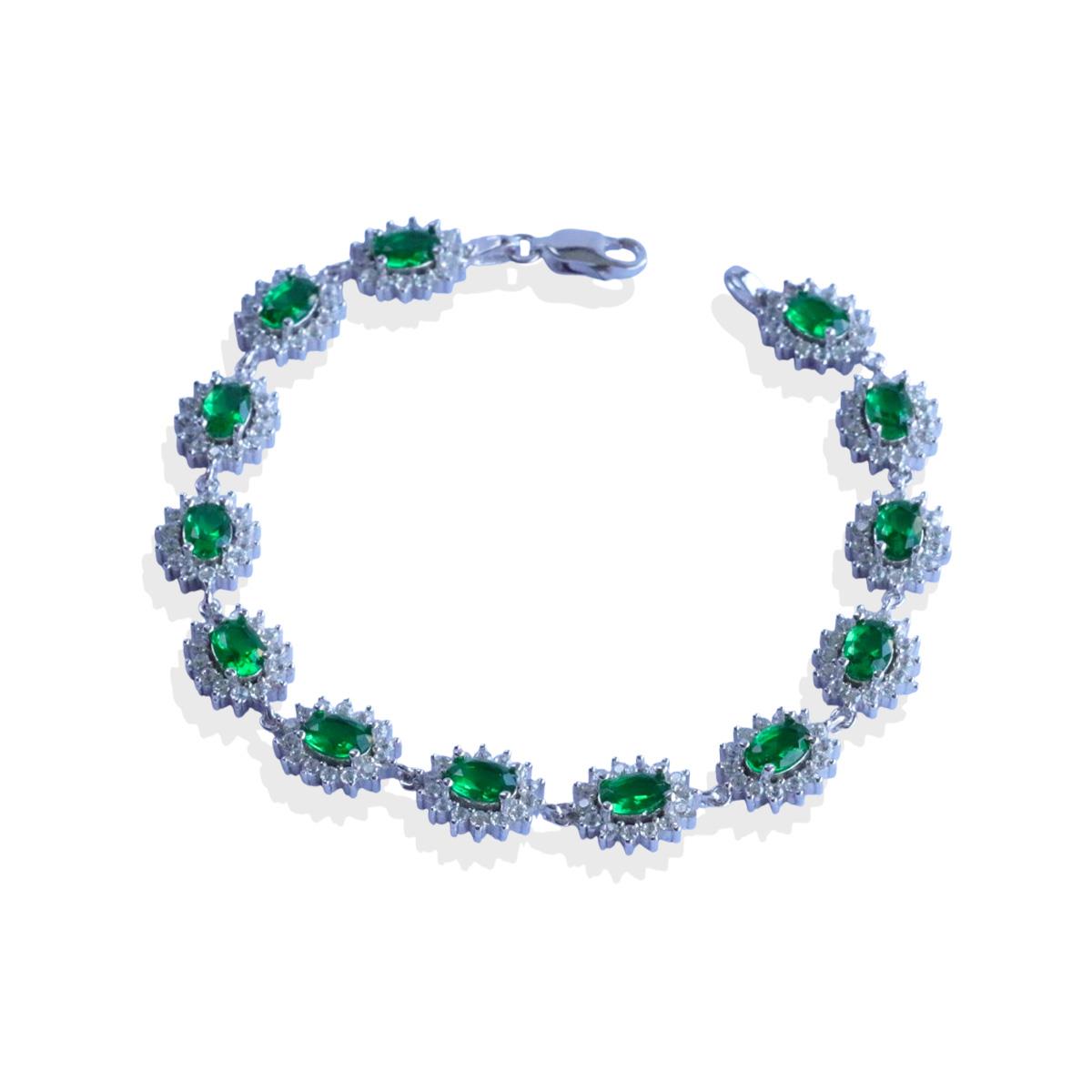 Yeşil Zirkon Taşlı Elips Çiçek Gümüş Bileklik