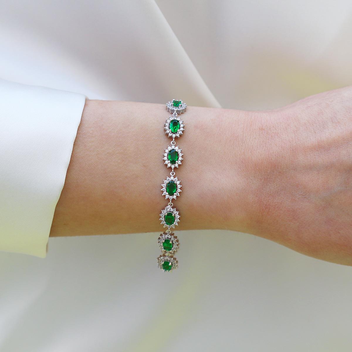 Yeşil Zirkon Taşlı Elips Çiçek Gümüş Bileklik