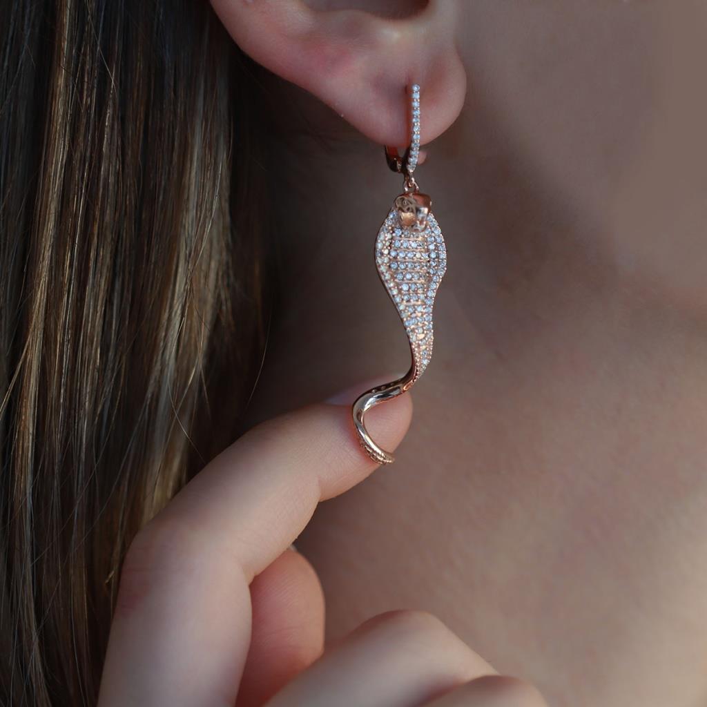 Yılan Rose Gold Kaplama Zirkon Taşlı Gümüş Küpe