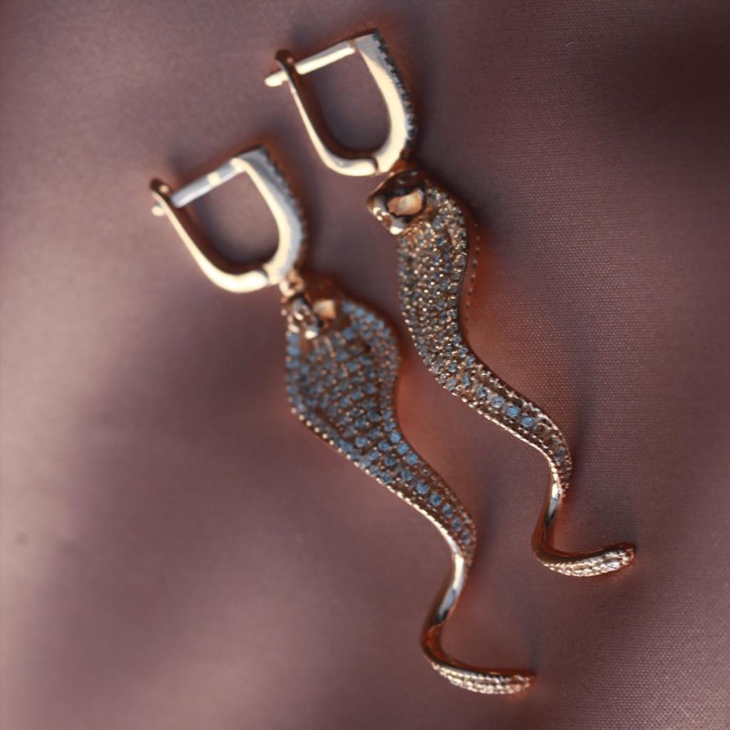 Yılan Rose Gold Kaplama Zirkon Taşlı Gümüş Küpe