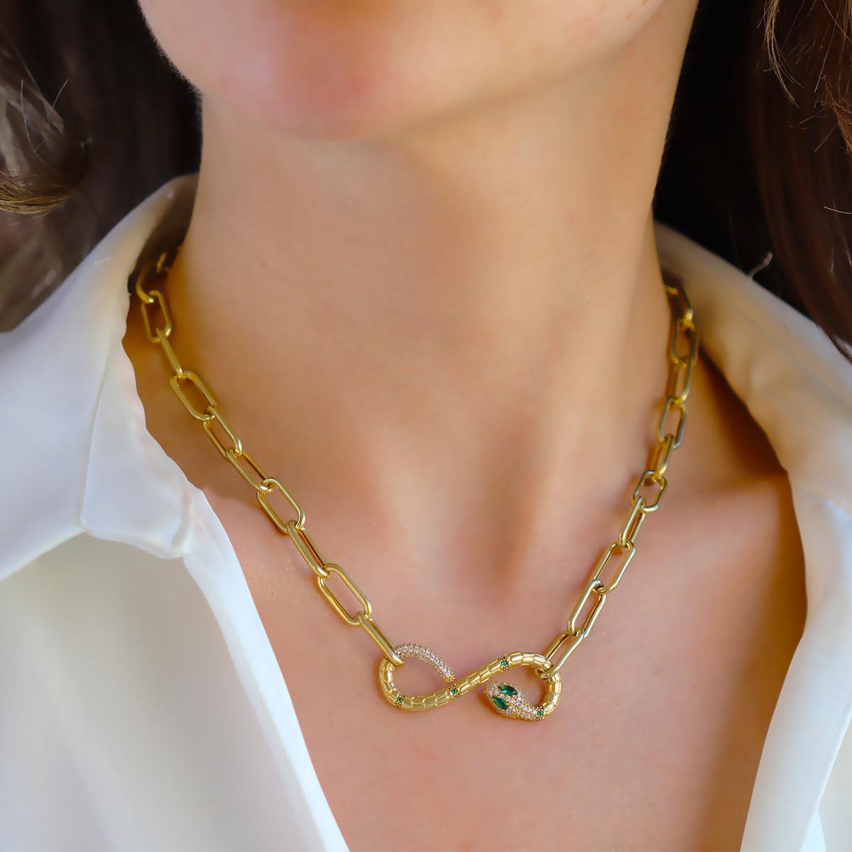 Yılan Sonsuzluk Modeli Gold Kaplama Zirkon Taşlı Kolye