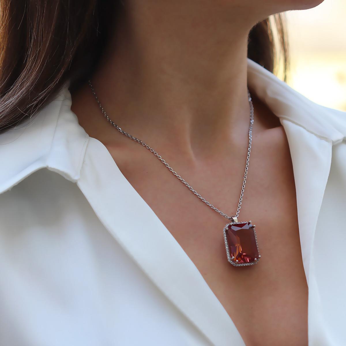 Zultanit Taşlı Mega Baget Gümüş Kolye 