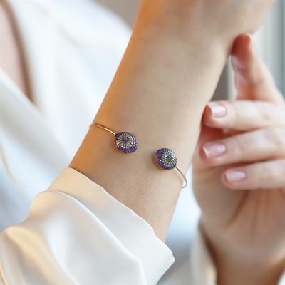 2li Nazar Mor Taşlı Rose Gold Kaplama Gümüş Kelepçe