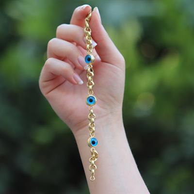 3 Nazar Boncuklu Mega Gold Kaplama Gümüş Bileklik